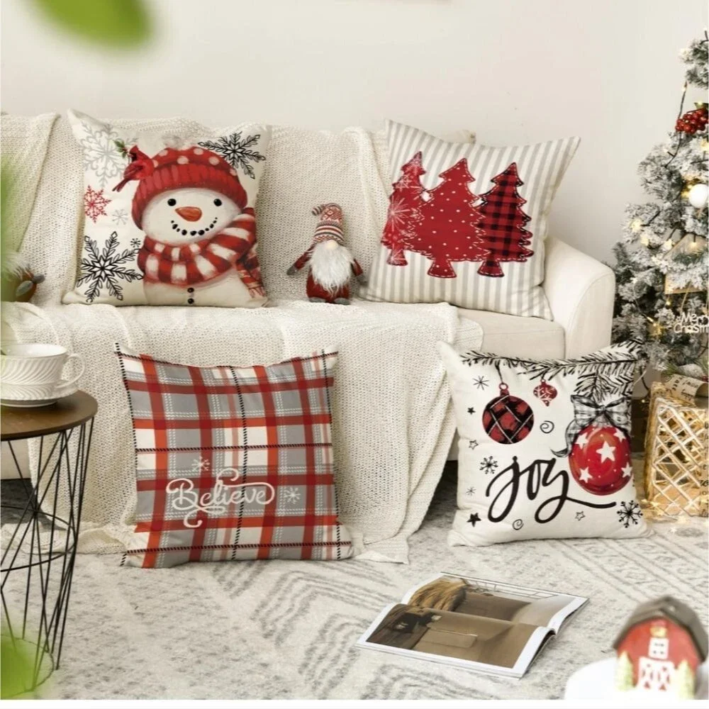 Set of 4 Throw Pillow Covers Snowman, Joy, Believe, Christmas Trees 18